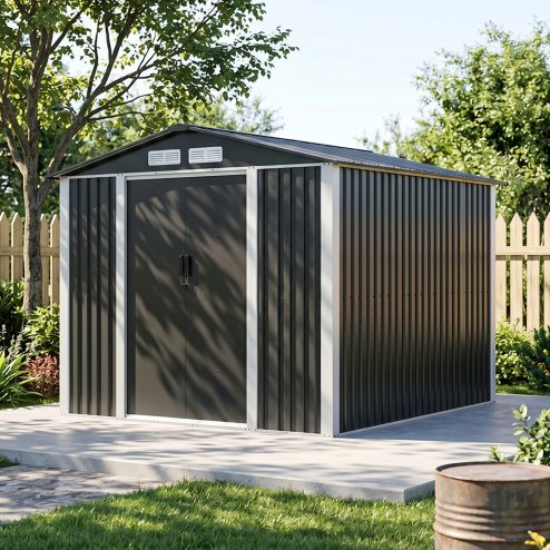 Living and Home 7.87x9.84ft Apex Roof Metal Storage Shed, Outdoor Garden Tool House with Lockable Sliding Door & Vents, Black & White