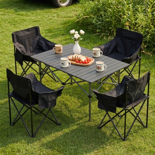 Living and Home 95cm Portable Folding Camping Table and Chair Set, 1 Large Table + 4 Low Back Moon Chairs, Outdoor Picnic Furniture with Carry Bags