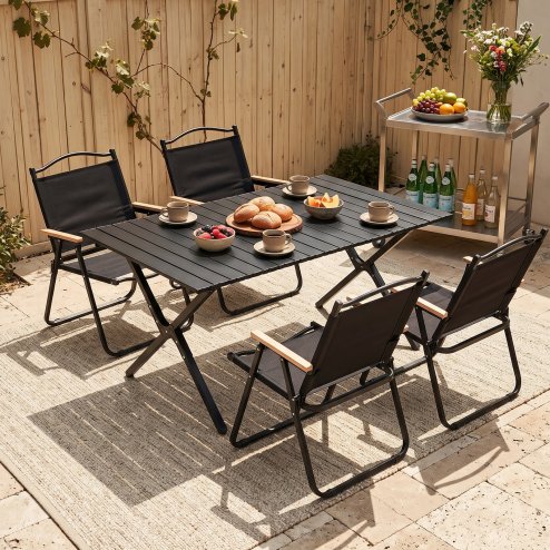 Living and Home 90cm X-Shaped Portable Folding Camping Table & Chair Set, 90cm Black Roll Top Table + 4 Folding Kermit Chairs with Wood Armrests, Outdoor Picnic Furniture with Carry Bags