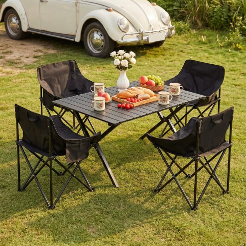 Living and Home 90cm X-Shaped Folding Camping Table & Chair Set, 90cm Black Roll Top Table + 4 Low-Back Moon Chairs, Portable Outdoor Picnic Furniture with Carry Bags
