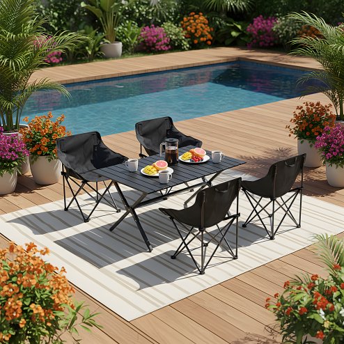 Living and Home 90cm X-Shaped Folding Camping Table & Chair Set, 90cm Black Roll Top Table + 4 Low-Back Moon Chairs, Portable Outdoor Picnic Furniture with Carry Bags