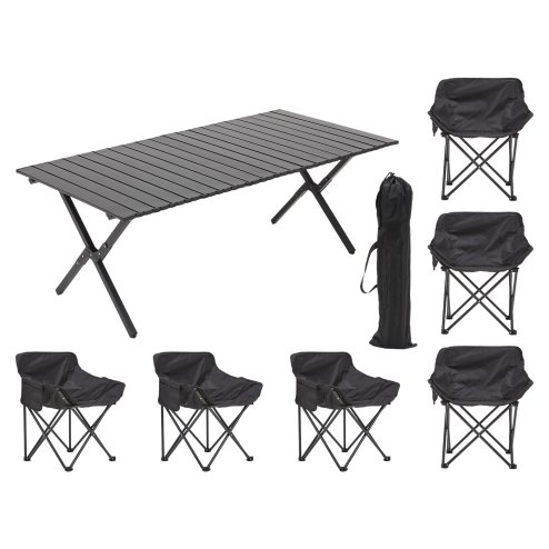 Living and Home 120cm X-Shaped Folding Camping Table & Chair Set, 120cm Black Roll Top Table + 6 Low-Back Moon Chairs, Portable Outdoor Picnic Furniture with Carry Bags