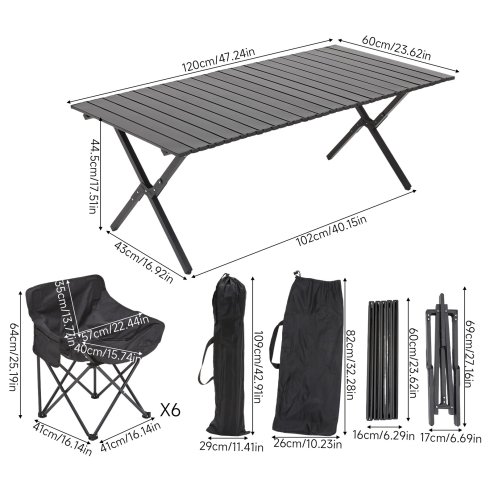 Living and Home 120cm X-Shaped Folding Camping Table & Chair Set, 120cm Black Roll Top Table + 6 Low-Back Moon Chairs, Portable Outdoor Picnic Furniture with Carry Bags