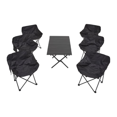 Living and Home 120cm X-Shaped Folding Camping Table & Chair Set, 120cm Black Roll Top Table + 6 Low-Back Moon Chairs, Portable Outdoor Picnic Furniture with Carry Bags