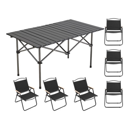 Living and Home 120cm Portable Folding Camping Table & Chair Set, 120cm Black Roll-Top Table + 6 Kermit Chairs with Wood Armrests, Outdoor Picnic Furniture with Carry Bag
