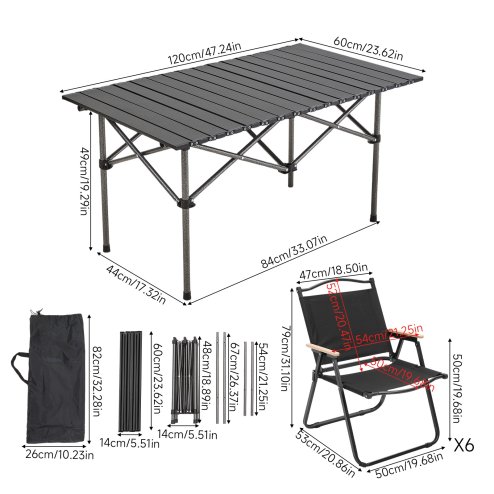 Living and Home 120cm Portable Folding Camping Table & Chair Set, 120cm Black Roll-Top Table + 6 Kermit Chairs with Wood Armrests, Outdoor Picnic Furniture with Carry Bag