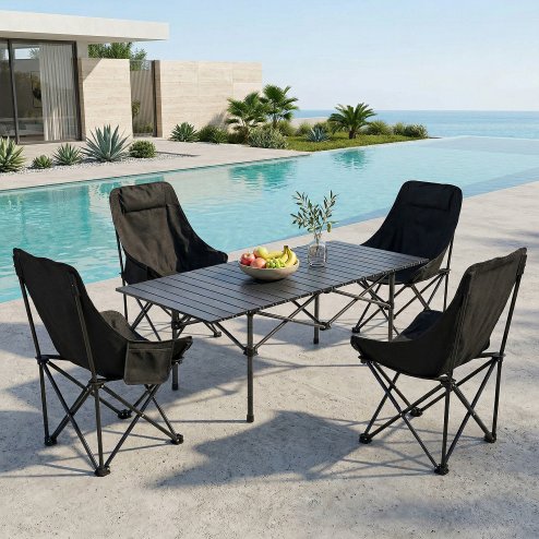 Living and Home Portable 95cm Folding Camping Table & Chair Set, 95cm Black Roll-Top Table + 4 High-Back Moon Chairs, Outdoor Picnic Furniture with Carry Bag
