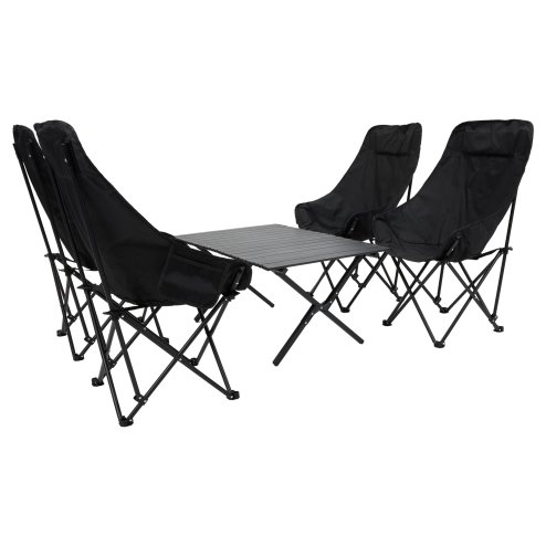 Living and Home 90cm X-Shaped Folding Camping Table & Chair Set, 90cm Black Roll-Top Table + 4 High-Back Moon Chairs, Portable Outdoor Picnic Furniture with Carry Bag