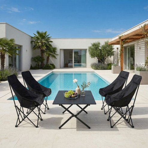 Living and Home 90cm X-Shaped Folding Camping Table & Chair Set, 90cm Black Roll-Top Table + 4 High-Back Moon Chairs, Portable Outdoor Picnic Furniture with Carry Bag