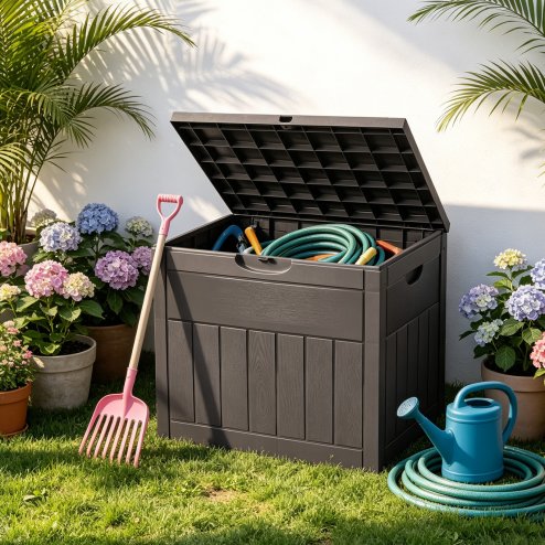 Living and Home 126L PP Garden Storage Box with Combination Padlock, Brown Wood Grain