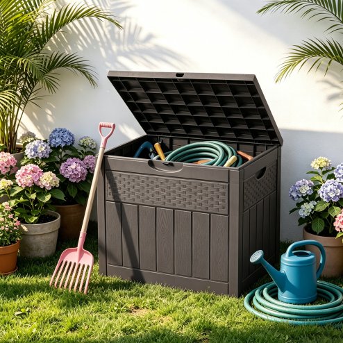 Living and Home 126L PP Garden Storage Box with Combination Padlock, Brown Rattan Texture