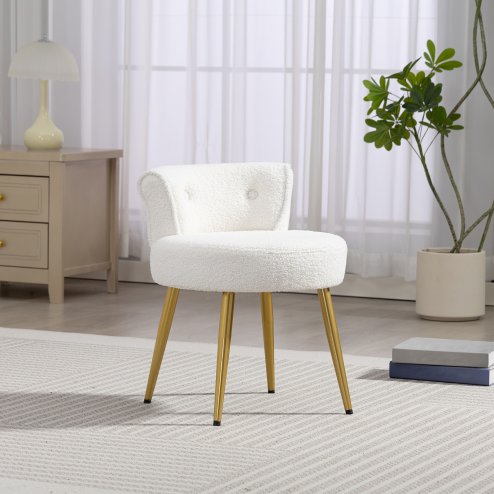 Living and Home White Teddy Fleece Vanity Stool, Button Tufted Dressing Chair with Gold Metal Legs