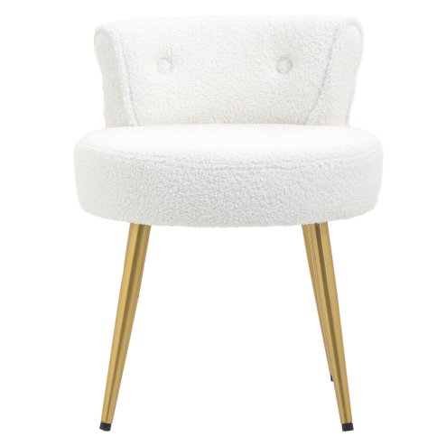 Living and Home White Teddy Fleece Vanity Stool, Button Tufted Dressing Chair with Gold Metal Legs
