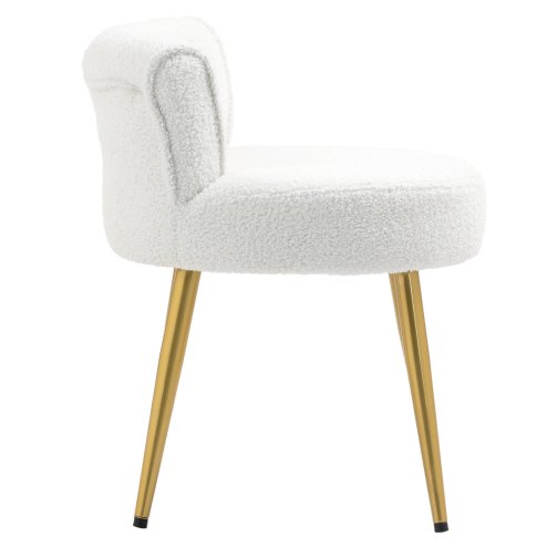 Living and Home White Teddy Fleece Vanity Stool, Button Tufted Dressing Chair with Gold Metal Legs