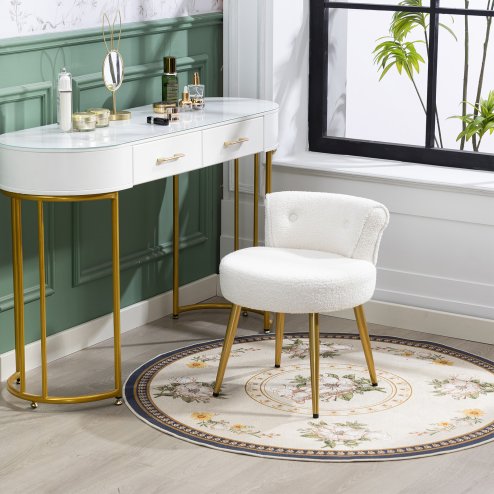 Living and Home White Teddy Fleece Vanity Stool, Button Tufted Dressing Chair with Gold Metal Legs