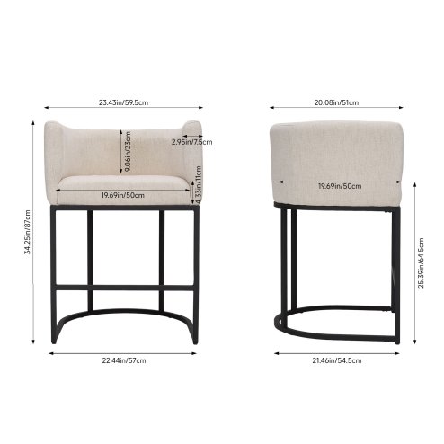 Living and Home Set of 2 Beige Chenille Upholstered Low Back Bar Stools with Black Metal Frame