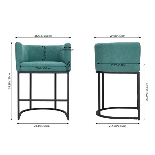 Living and Home Set of 2 Green Chenille Upholstered Low Back Bar Stools with Black Metal Frame