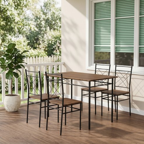 Living and Home 5 Pieces Oak Wood Grain Dining Table Set with 4 X-Back Metal Frame Dining Chairs