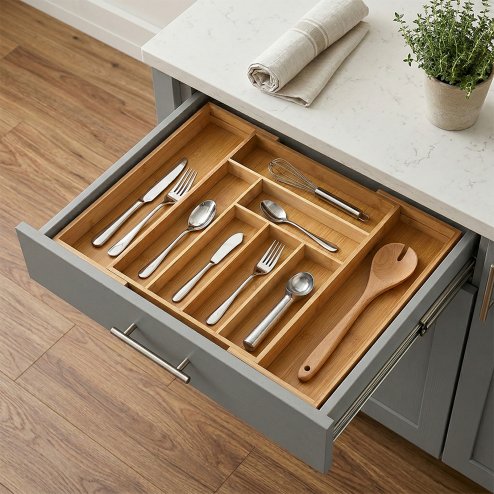 Living and Home Adjustable Cutlery Drawer Organiser with 8 Compartments, Natural Wood