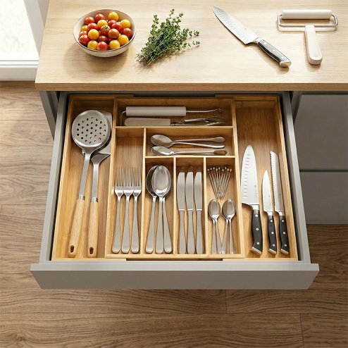 Living and Home Adjustable Cutlery Drawer Organiser with 8 Compartments, Natural Wood