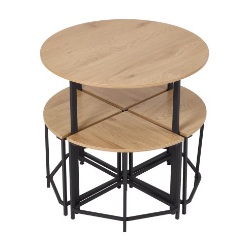 Living and Home 5 Piece Round Oak Wood Grain Dining Set with 4 Sector Space Saving Stools