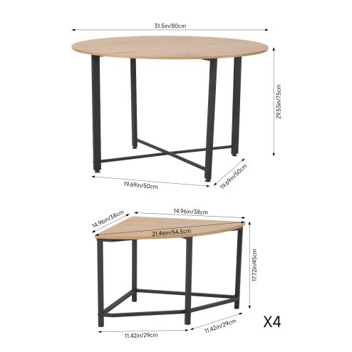 Living and Home 5 Piece Round Oak Wood Grain Dining Set with 4 Sector Space Saving Stools