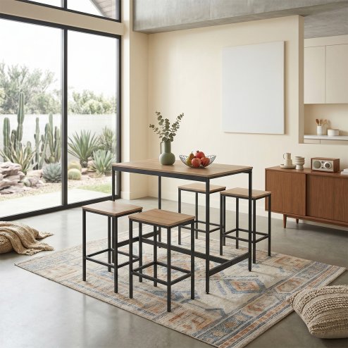 Living and Home 5 Piece Oak Wood Grain Bar Table Set with 4 Stools, Black Metal Frame Pub Dining Set