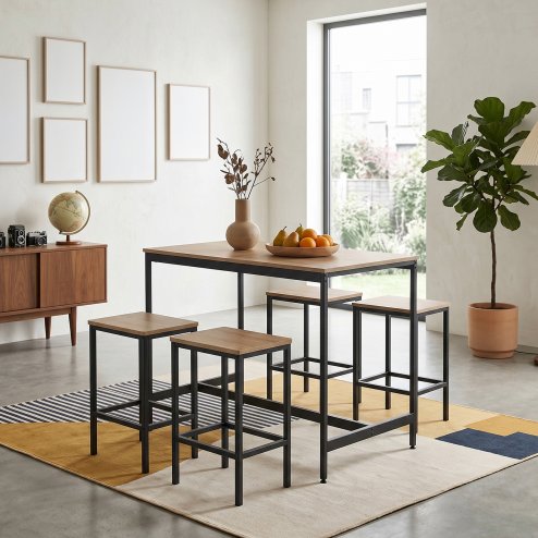 Living and Home 5 Piece Oak Wood Grain Bar Table Set with 4 Stools, Black Metal Frame Pub Dining Set