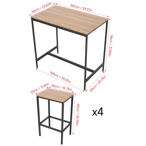 Living and Home 5 Piece Oak Wood Grain Bar Table Set with 4 Stools, Black Metal Frame Pub Dining Set