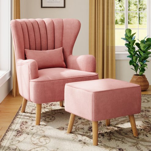 Living and Home Contemporary Curved Back Single Armchair with Lumbar Pillow and Footstool