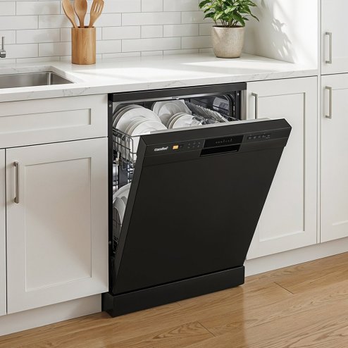 Black Freestanding Dishwasher with 12 Place Settings & 6 Washing Programs