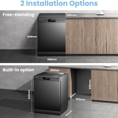 Black Freestanding Dishwasher with 12 Place Settings & 6 Washing Programs