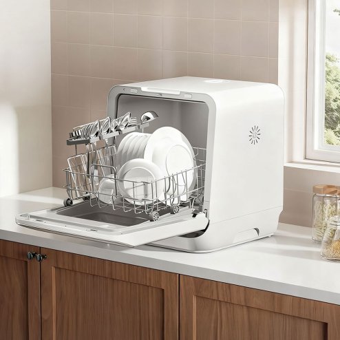 6L Water Tank Capacity White Countertop Dishwasher with A Visible Door, 3 Place Settings, 6 Modes