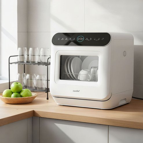 6L Water Tank Capacity White Countertop Dishwasher with A Visible Door, 3 Place Settings, 6 Modes