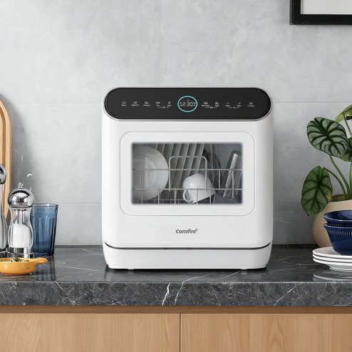 6L Water Tank Capacity White Countertop Dishwasher with A Visible Door, 3 Place Settings, 6 Modes