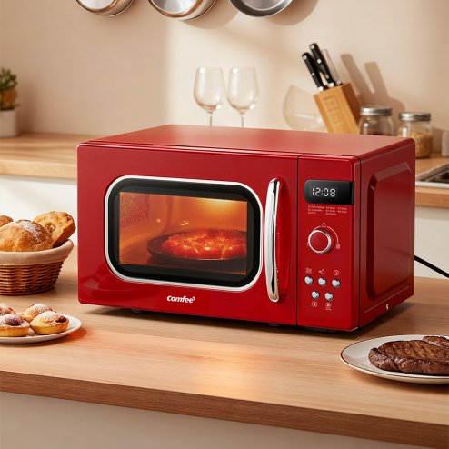 800W 20L Retro Microwave Oven with LED Display, 5 Cooking Power Levels, 8 Auto Menus