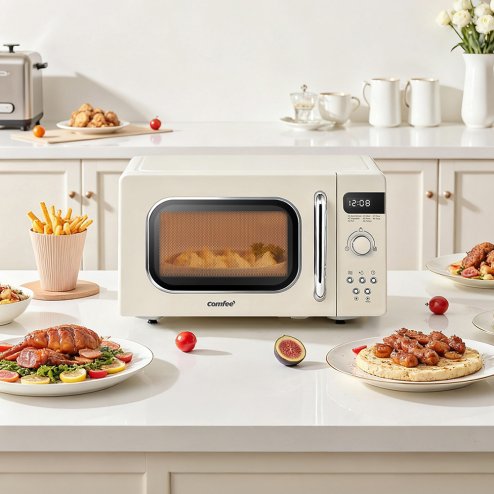 800W 20L Retro Microwave Oven with LED Display, 8 Auto Menus, 5 Cooking Power Levels