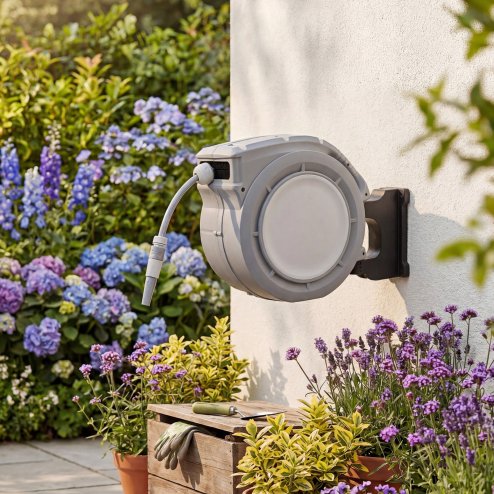 Living and Home 30m Wall Mounted Retractable Garden Hose Reel with Spray Nozzle, Grey