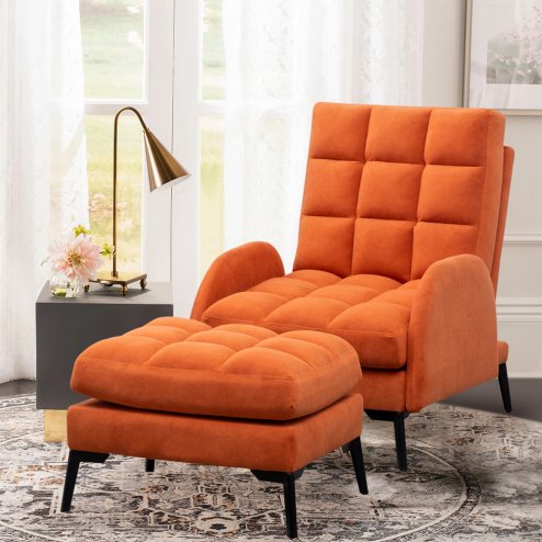 Living and Home Frosted Velvet Leisure Recliner with Footstool Metal Legs, Adjustable 110°-180° Recline, Orange