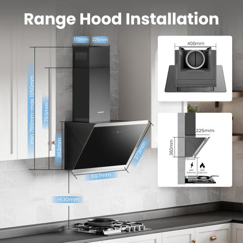 60CM Wall-mounted 3-Speed Angled Cooker Hood with Touch Screen