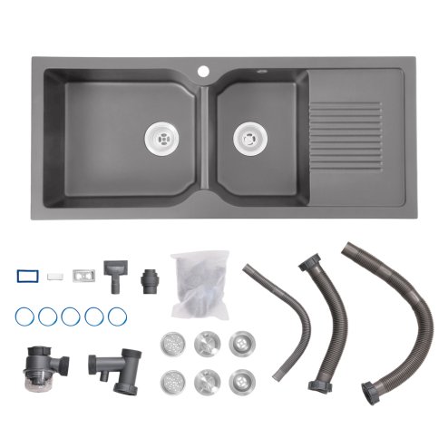 Living and Home Double Bowl Quartz Resin Composite Kitchen Sink with Waste Kit, Graphite Grey