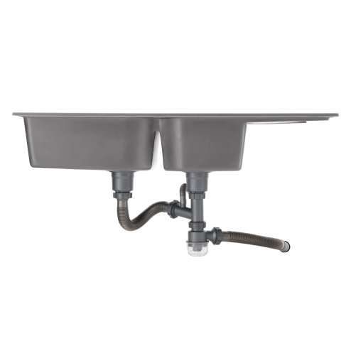 Living and Home Double Bowl Quartz Resin Composite Kitchen Sink with Waste Kit, Graphite Grey