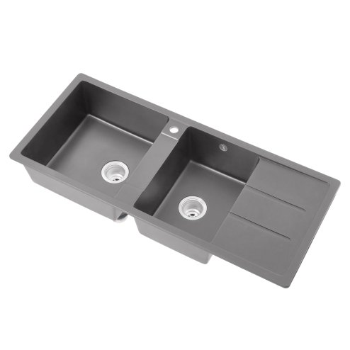 Living and Home Double Bowl Quartz Resin Composite Kitchen Sink with Waste Kit, Graphite Grey, 116cm (W) x 50cm (D) x 20cm (H)