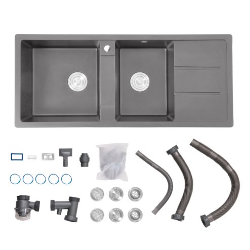 Living and Home Double Bowl Quartz Resin Composite Kitchen Sink with Waste Kit, Graphite Grey, 116cm (W) x 50cm (D) x 20cm (H)