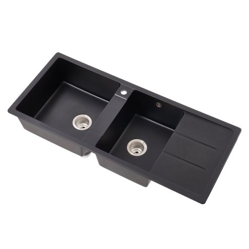Living and Home Double Bowl Quartz Resin Composite Kitchen Sink with Waste Kit, 116cm (W) x 50cm (D) x 20cm (H), Black