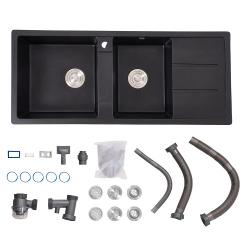 Living and Home Double Bowl Quartz Resin Composite Kitchen Sink with Waste Kit, 116cm (W) x 50cm (D) x 20cm (H), Black