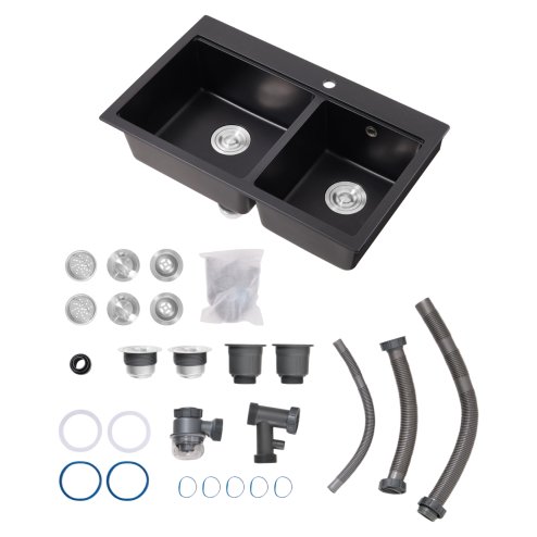 Living and Home Modern Quartz Resin Composite Kitchen Sink with Waste Kit, 80cm W x 48cm D x 21cm H, Black