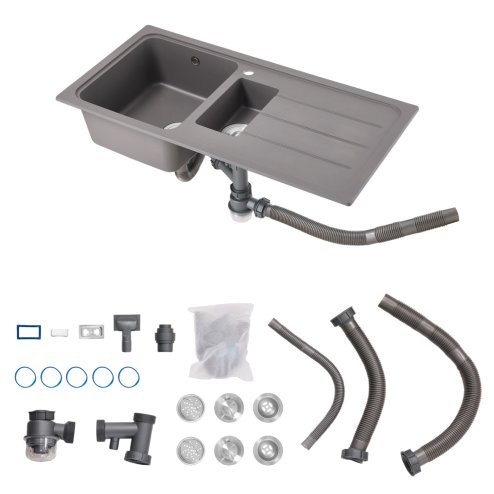 Living and Home Modern Quartz Resin Composite Kitchen Sink with Waste Kit, 100cm W x 50cm D x 20.5cm H, Graphite Grey