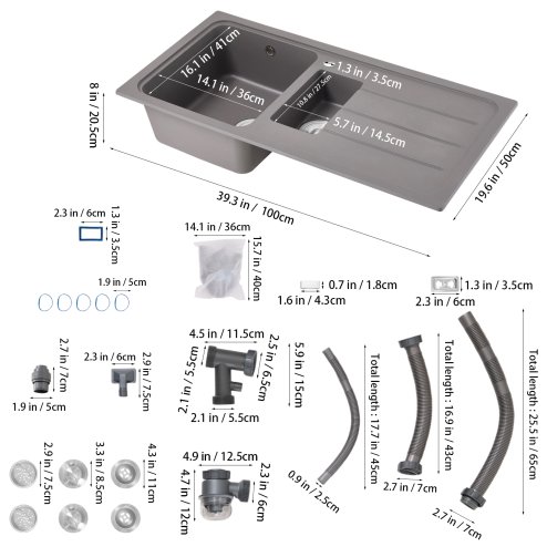 Living and Home Modern Quartz Resin Composite Kitchen Sink with Waste Kit, 100cm W x 50cm D x 20.5cm H, Graphite Grey