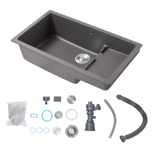 Modern Quartz Resin Composite Kitchen Sink with Waste Kit, 81cm W x 46cm D x 21cm H, Graphite Grey